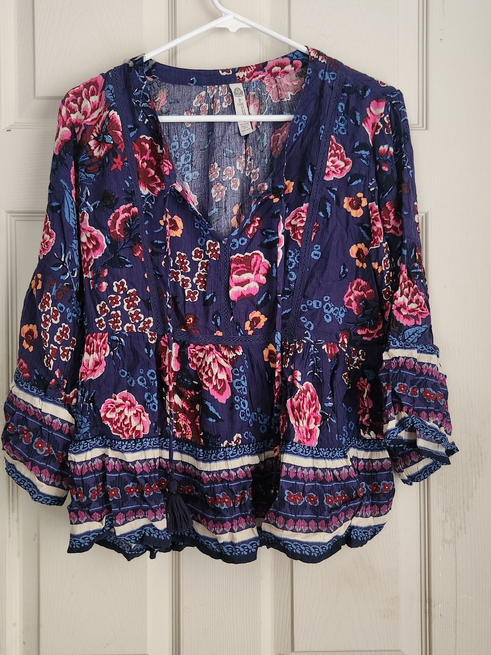 American Rag Navy Floral Peasant Tunic with Pink Accents